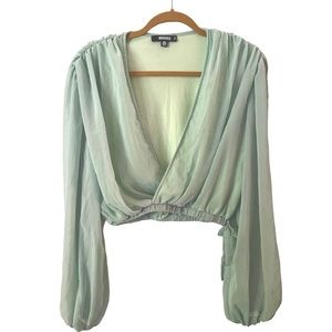 Misguided Balloon Sleeve Wrap Crop Top Ruchef Puff Long‎ Sleeves Mint Green 2